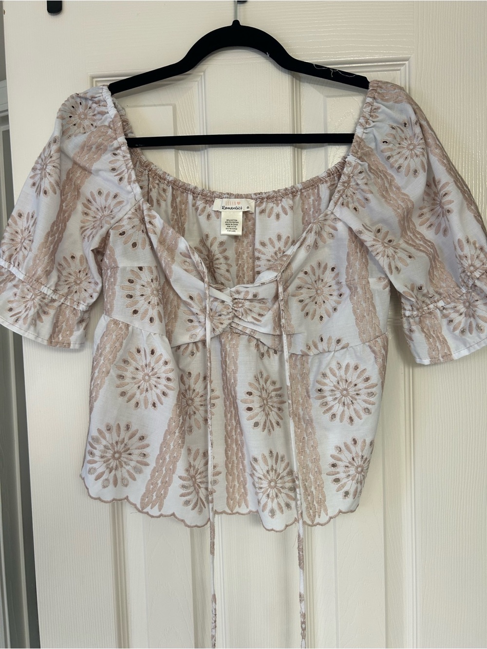 URBAN Romantics Cream Eyelet Tie-Front Peasant Blouse with Tan Floral Embroidery